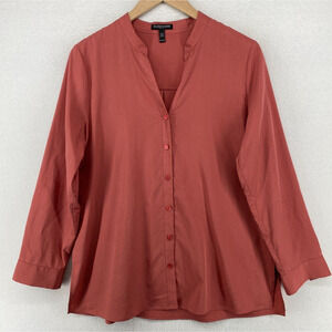EILEEN FISHER Top PM Sandwashed Tencel Mandarin Button Front Long Sleeve Pink